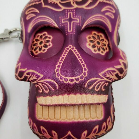 Sugar Skull Leather Wristlet Small Purple Coin Purse Keychain Calavera Wallet - Picture 6 of 16